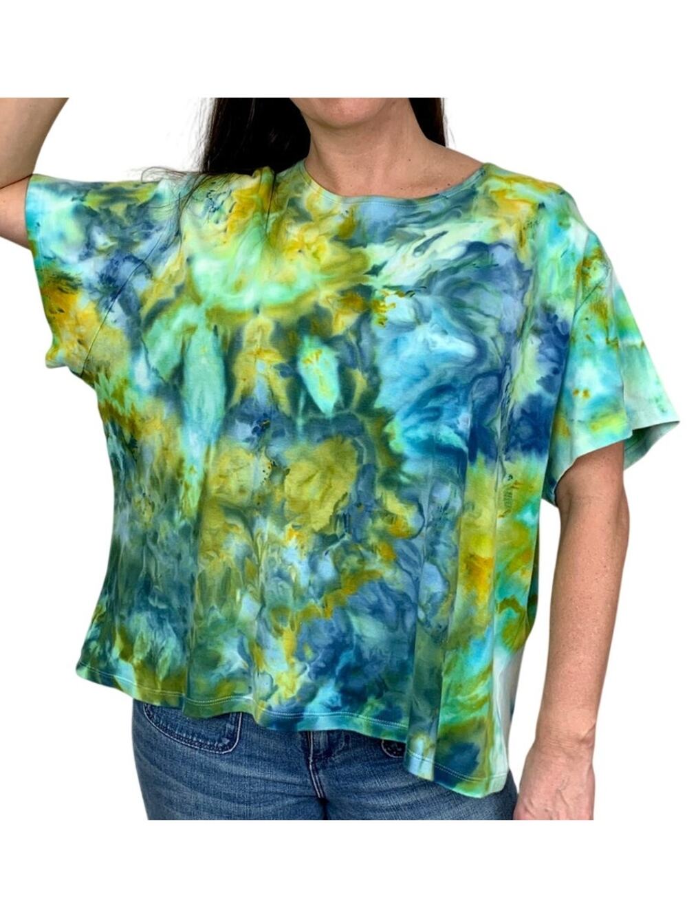 Vintage 3XL Hand Dyed Ice Dye T-Shirt Blue Green Watercolor Abstract Boho Tee